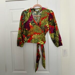 Linen-blend wrap top